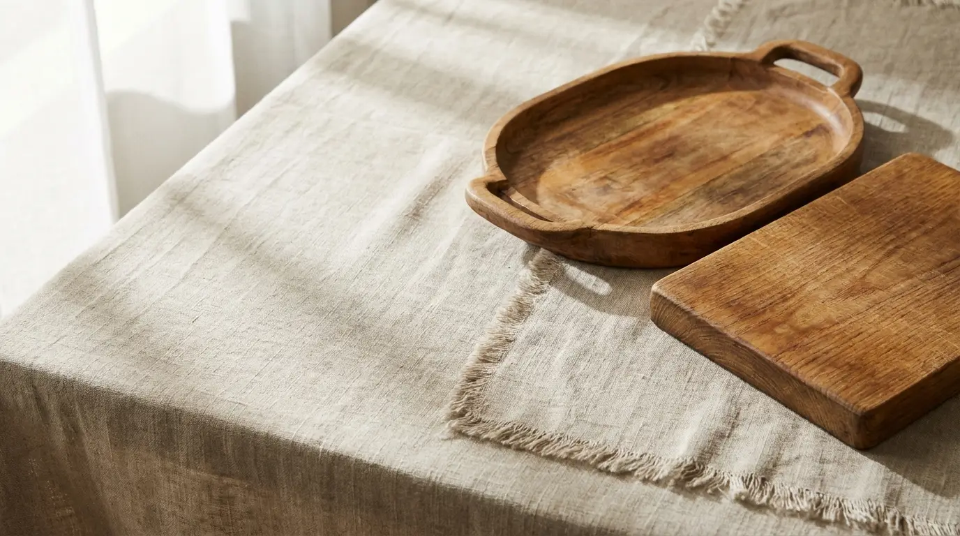 Wooden platter and cutting board on linen-draped table in natural daylight