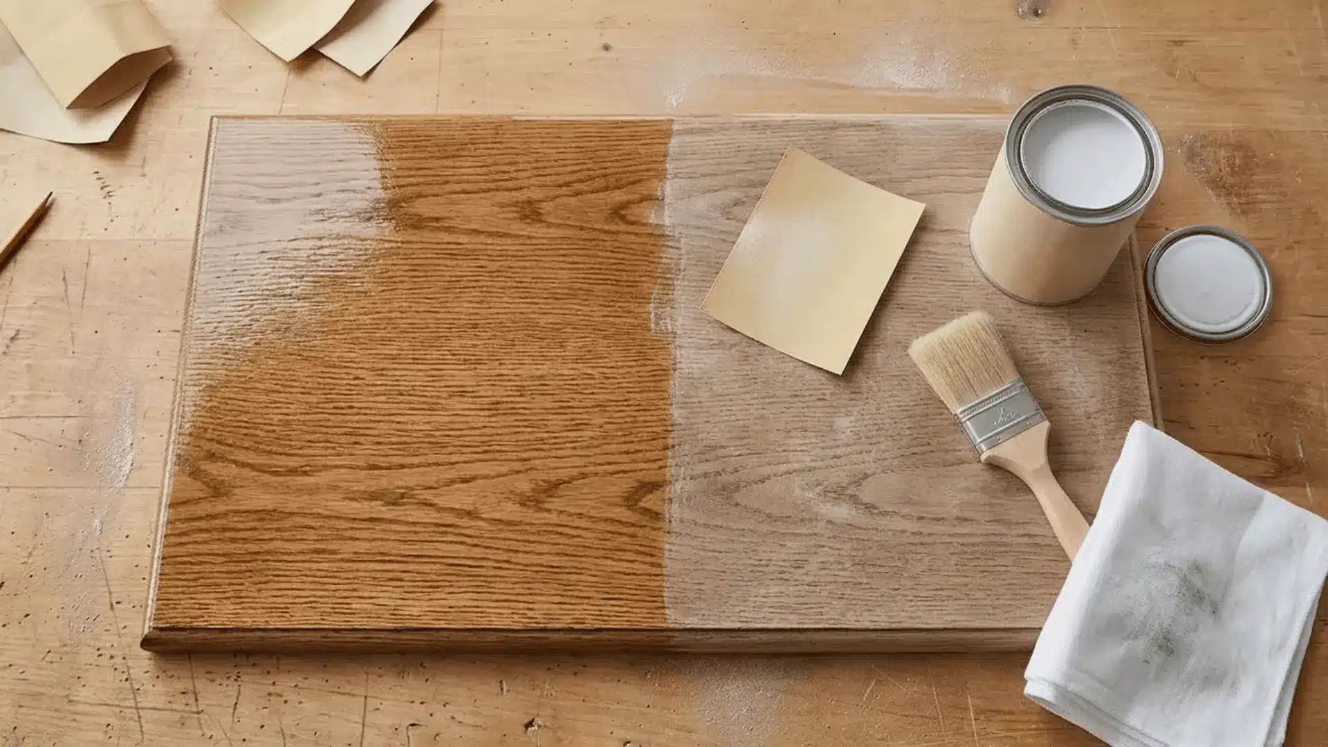 wooden surface half-sanded beside bonding primer and paintbrush showing prep steps for painting over polyurethane
