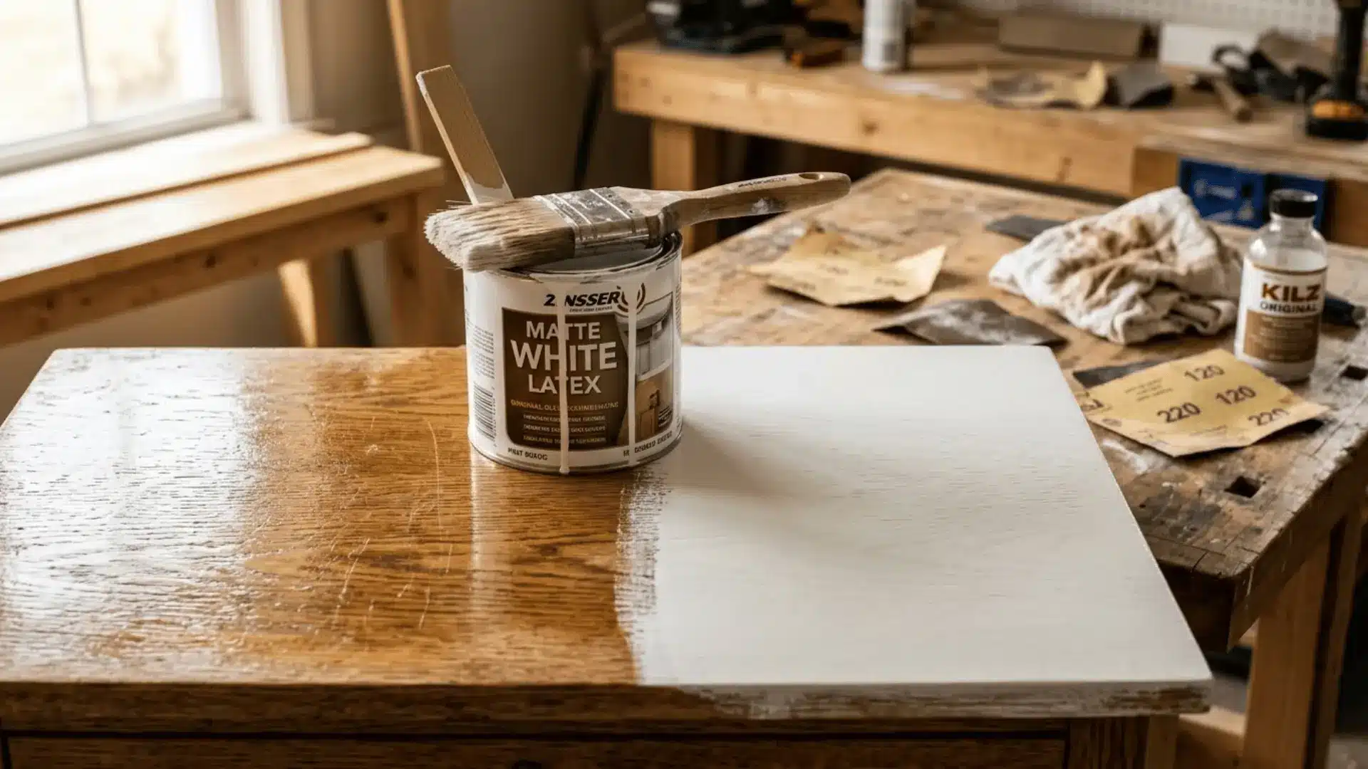 wooden surface showing polyurethane finish beside freshly painted matte white section with paintbrush and primer