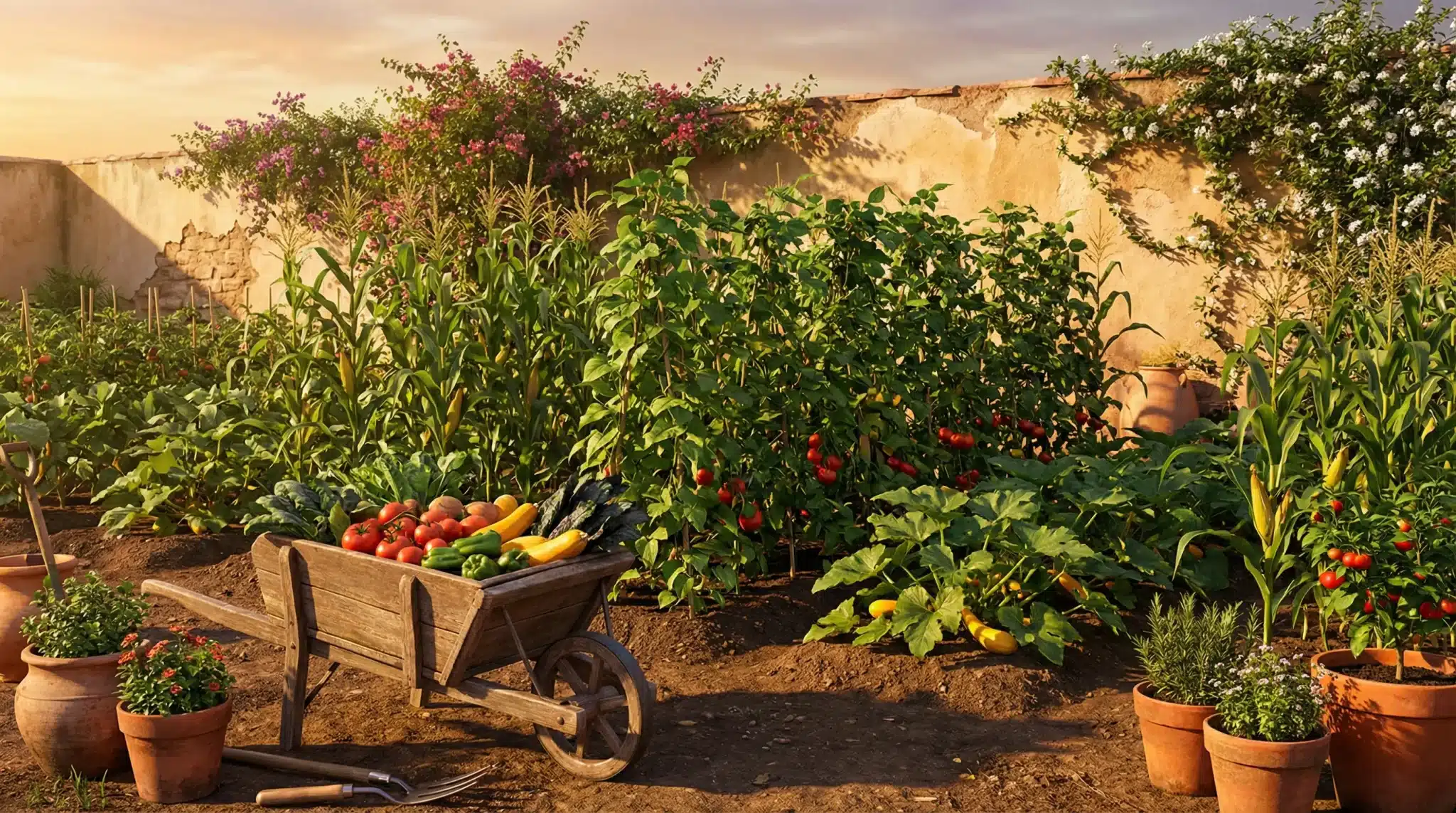 Wooden wheelbarrow filled with harvested vegetables in vibrant garden under warm sunset light
