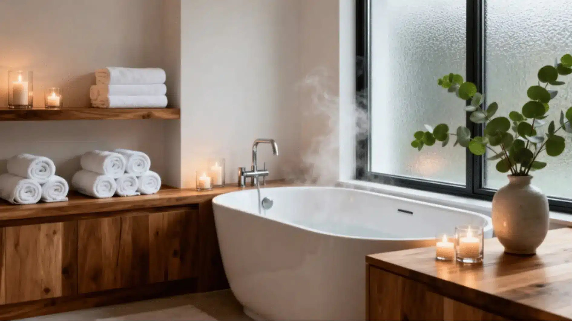 Steaming bathtub with wooden shelves, rolled towels, candles, and eucalyptus in modern bathroom