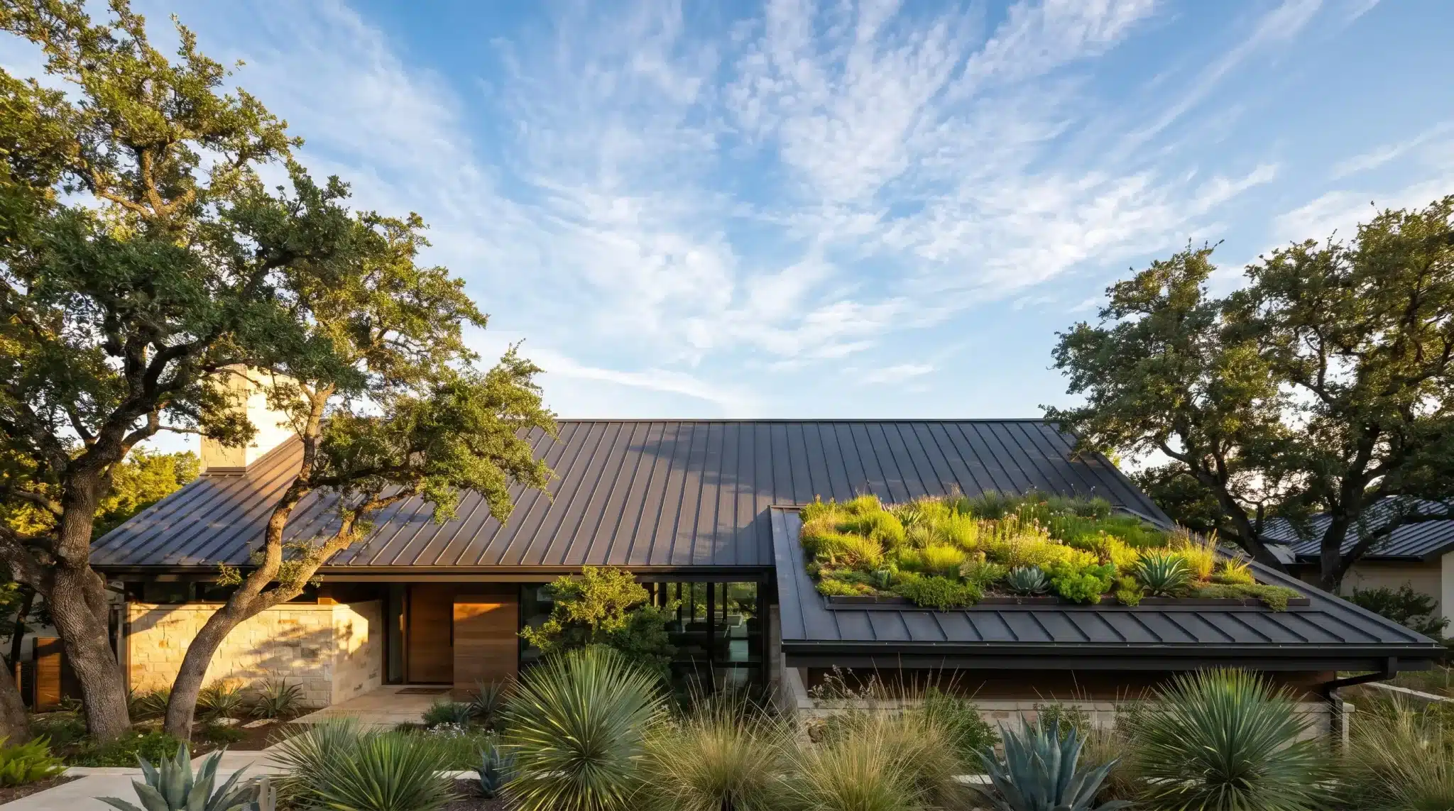 Modern house with metal roof and green roof garden surrounded by trees and plants under blue sky