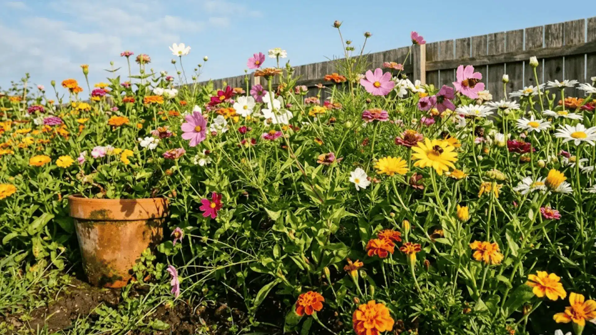 a densely planted cottage garden with marigolds cosmos and zinnias growing freely in warm morning light
