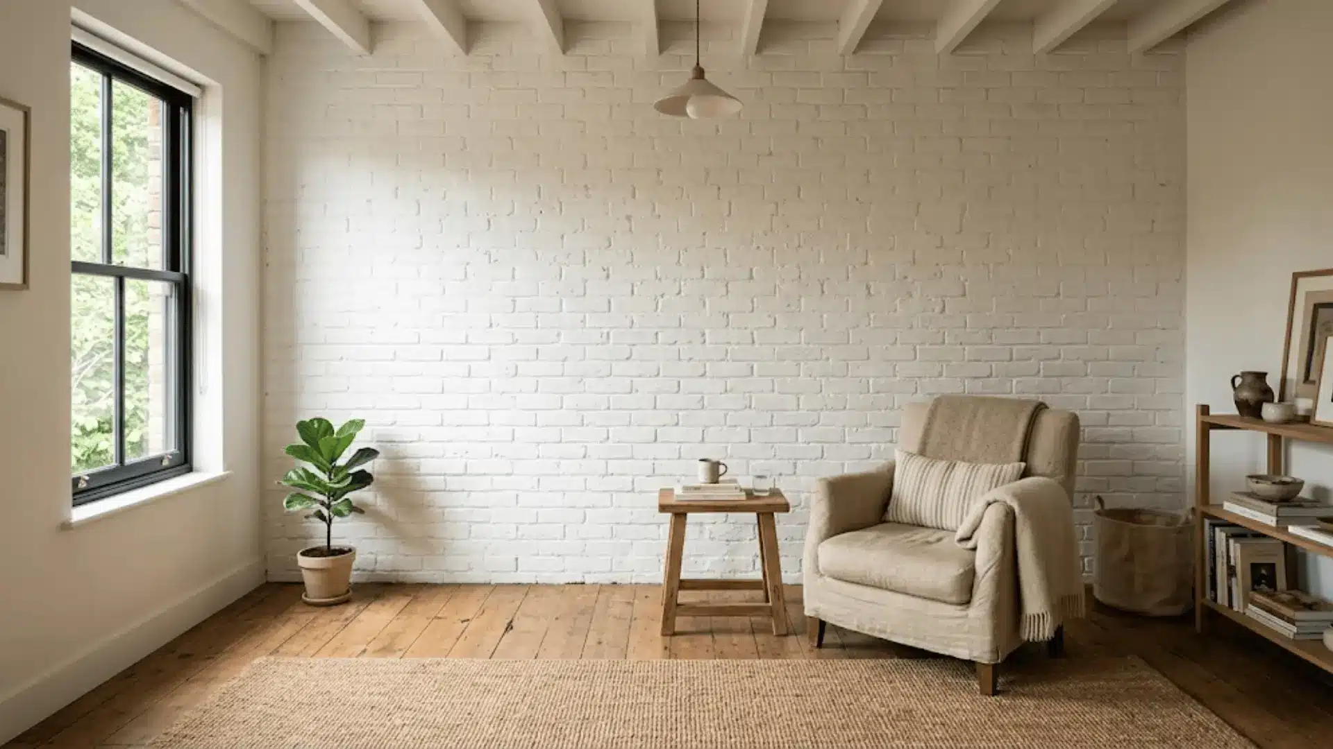 a freshly painted white brick wall in a sunlit interior living room with a linen armchair and wooden floor