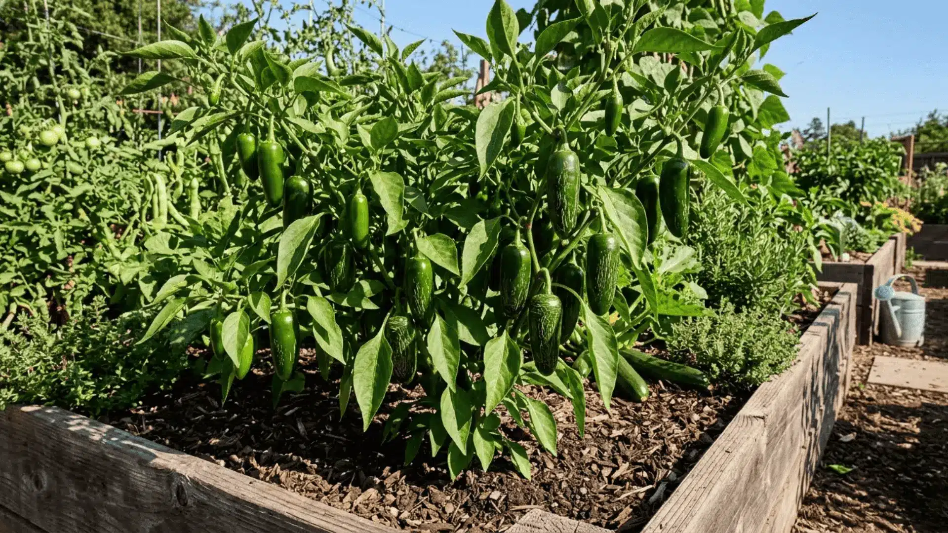 a lush jalapeño plant heavy with firm deep green peppers growing in a sunny well-tended garden bed