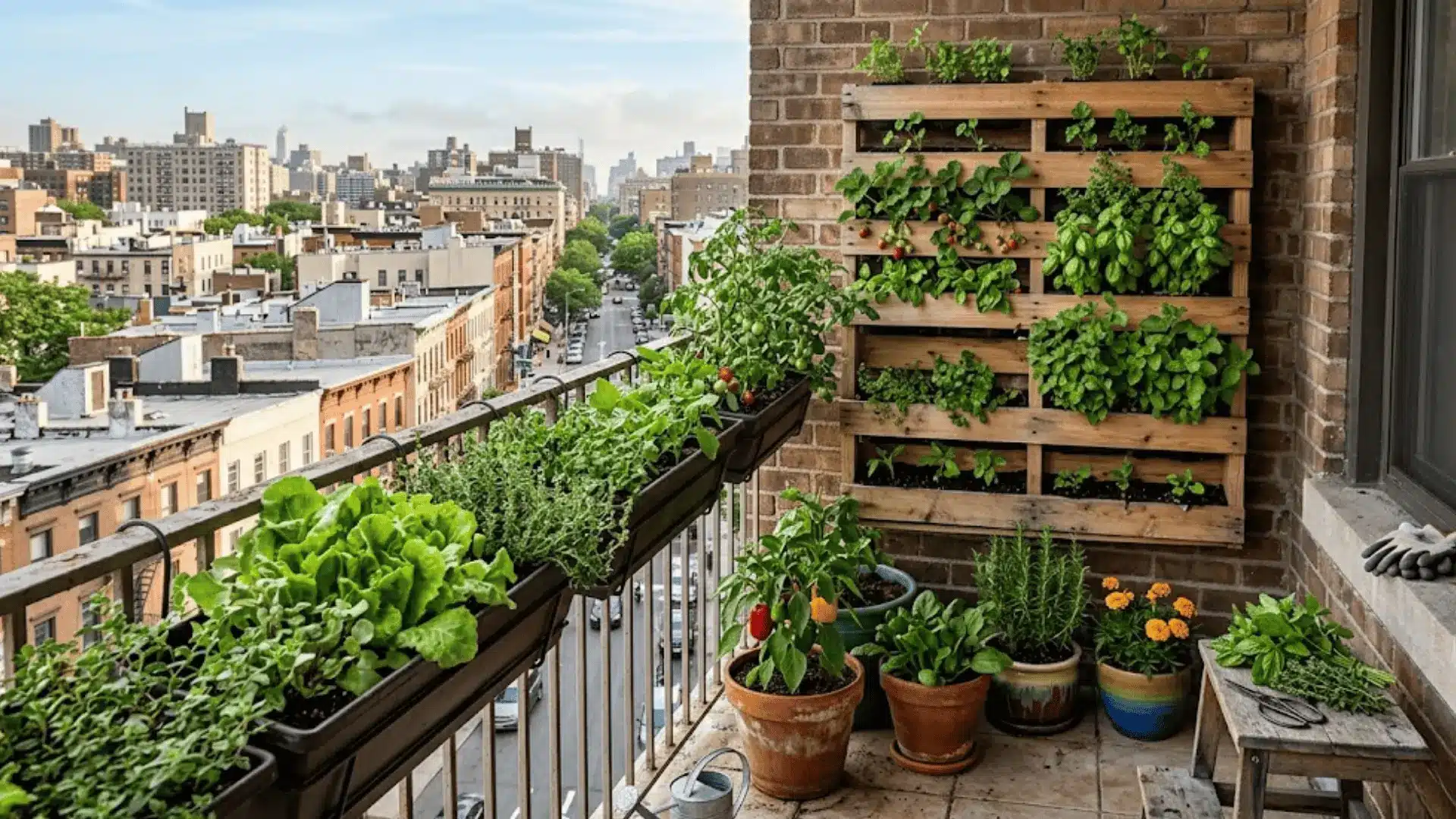 a narrow apartment balcony densely planted with vegetables, herbs, and strawberries against an urban backdrop
