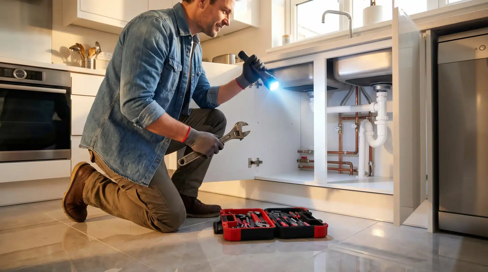 Man kneeling in kitchen fixing under-sink plumbing with flashlight and wrench, tool kit nearby
