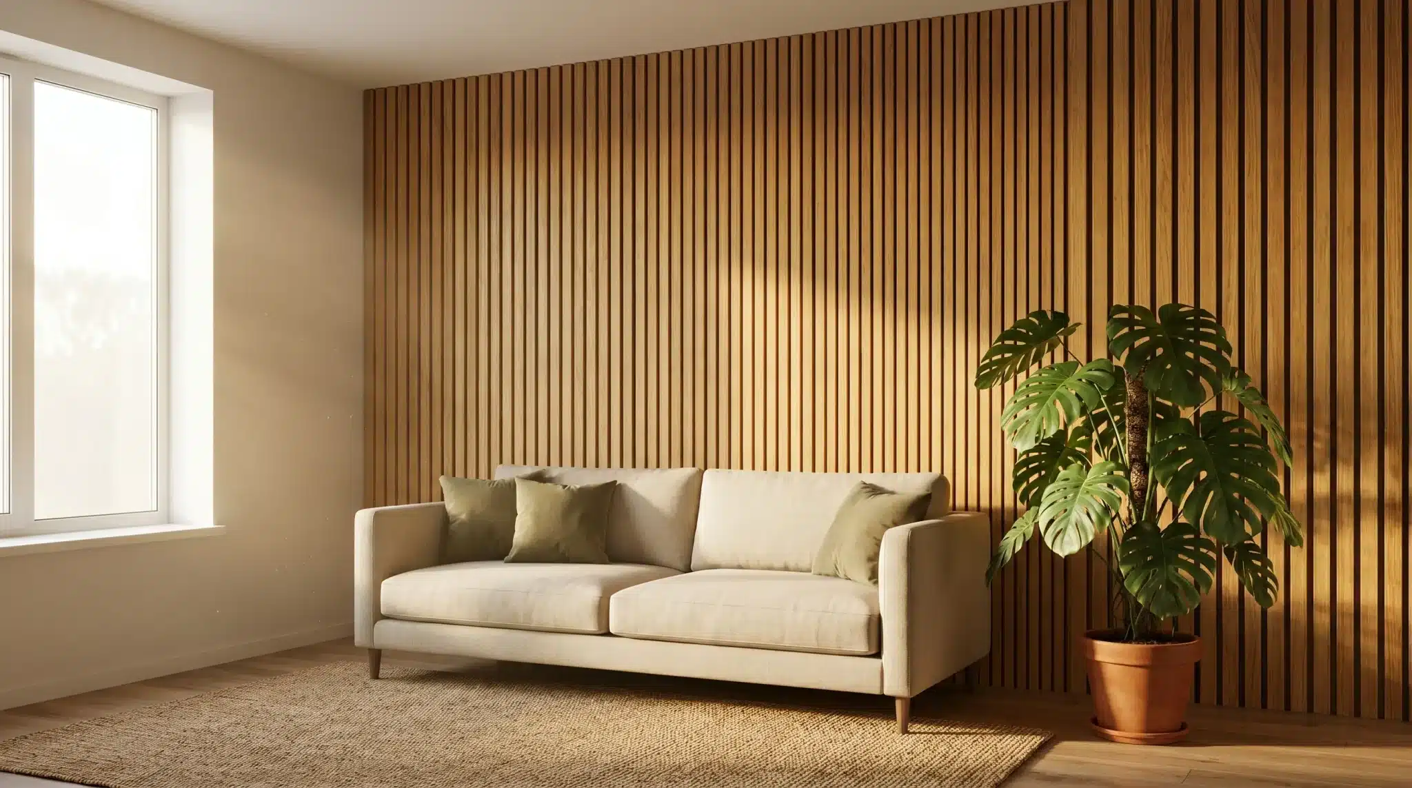 Beige sofa with green cushions and potted plant in bright room with wooden slat wall