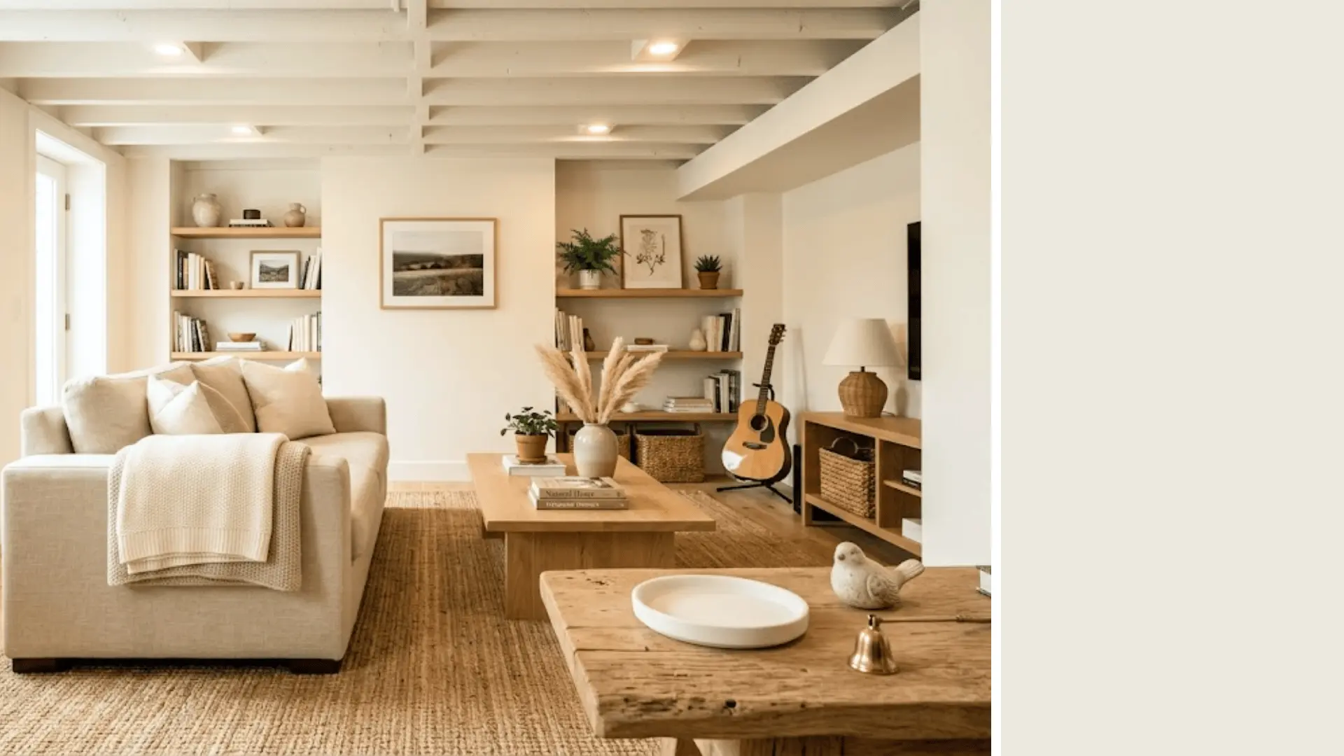 alabaster sw 7008 warm white basement walls with ceramic swatch on oak table