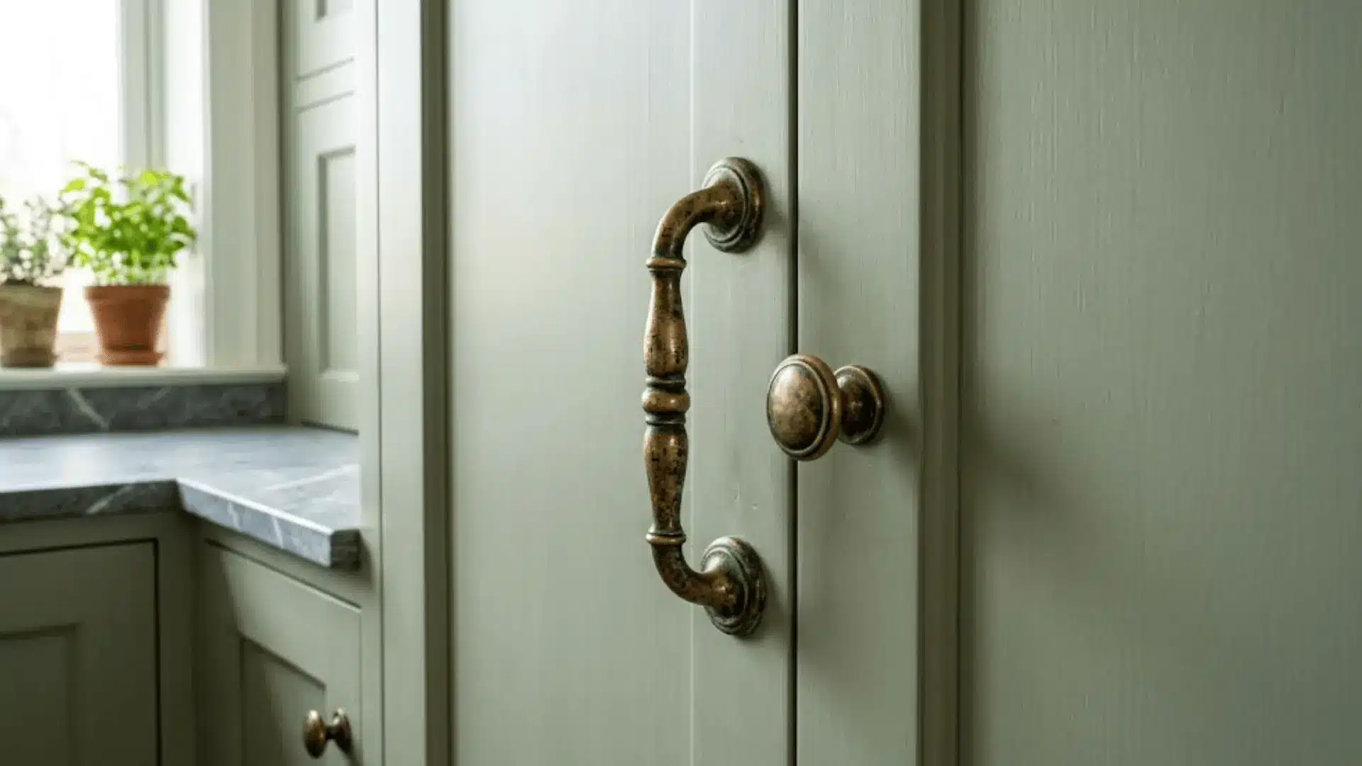 antique brass cabinet hardware on sage green traditional kitchen cabinet door in natural light