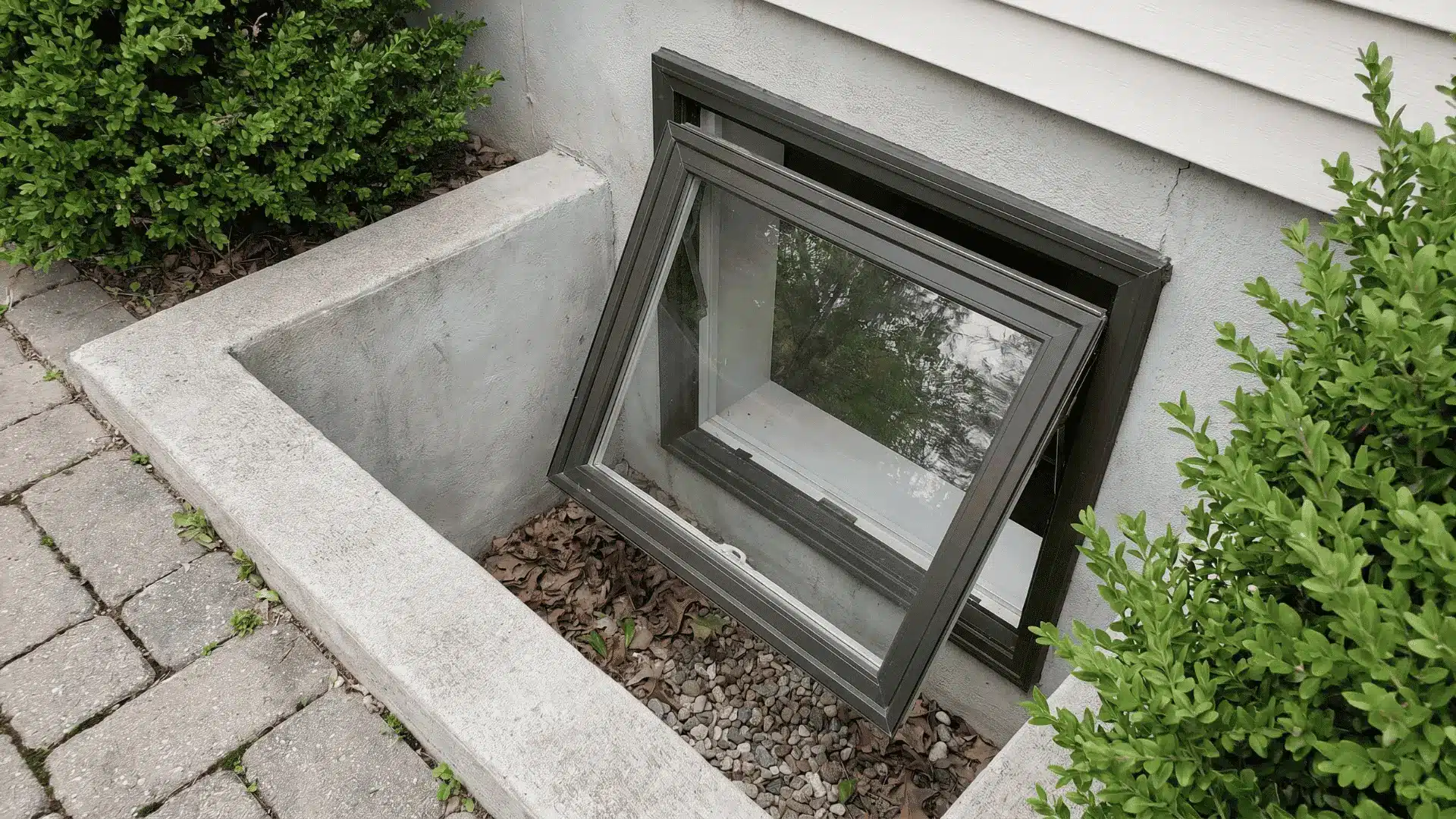 Open basement egress window with concrete surround and green bushes nearby