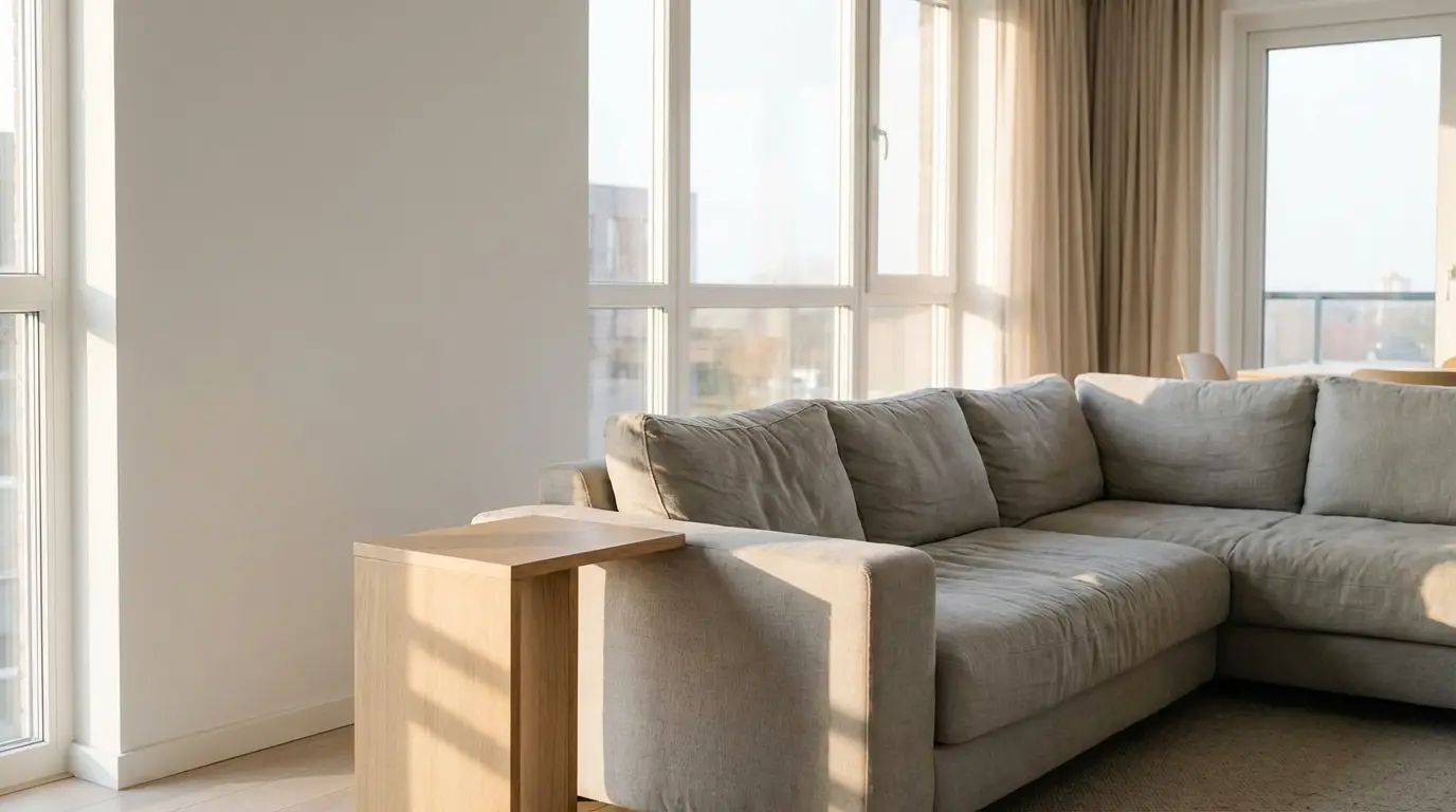 Gray sectional sofa in bright living room with large windows and light wooden side table