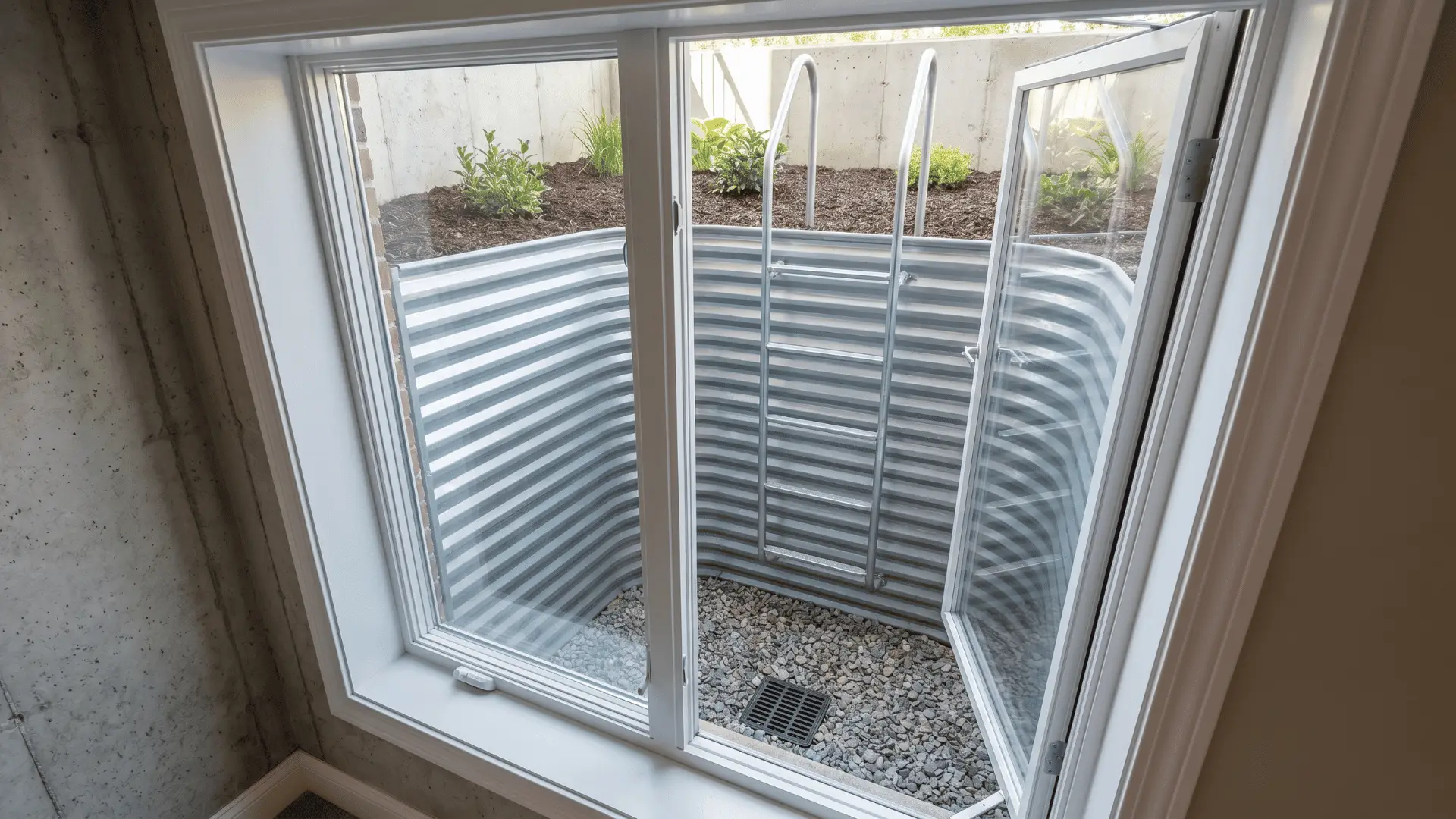 Basement window view of metal window well with gravel and ladder in bright daylight