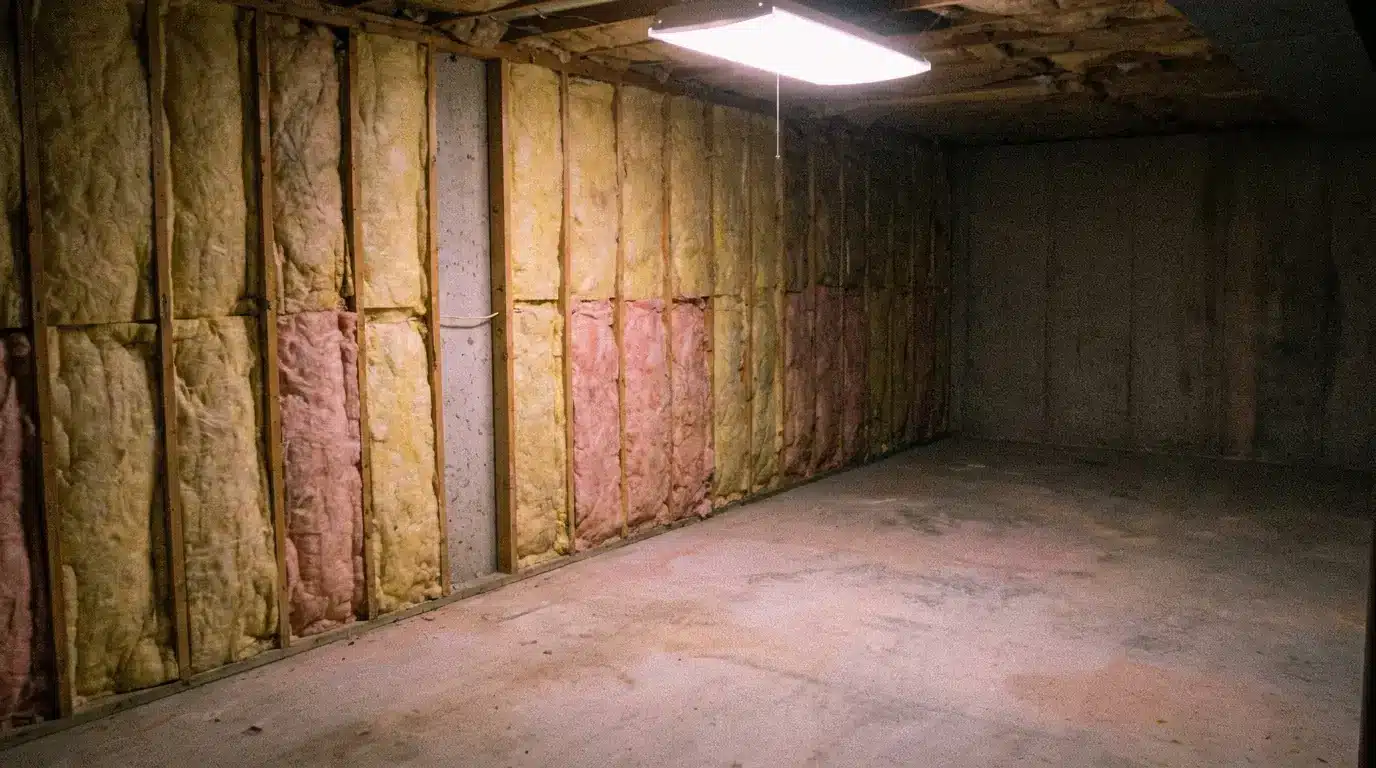 Unfinished basement with exposed insulation and concrete floor under fluorescent lighting