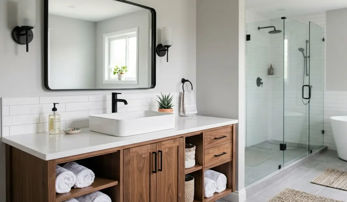 Modern bathroom with wooden vanity, large mirror, glass shower enclosure, and white tile walls