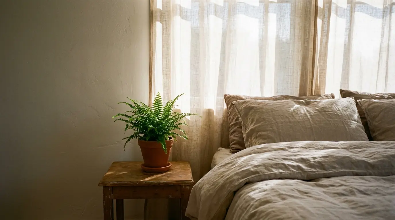 Potted fern on wooden table beside bed with linen bedding in softly lit bedroom