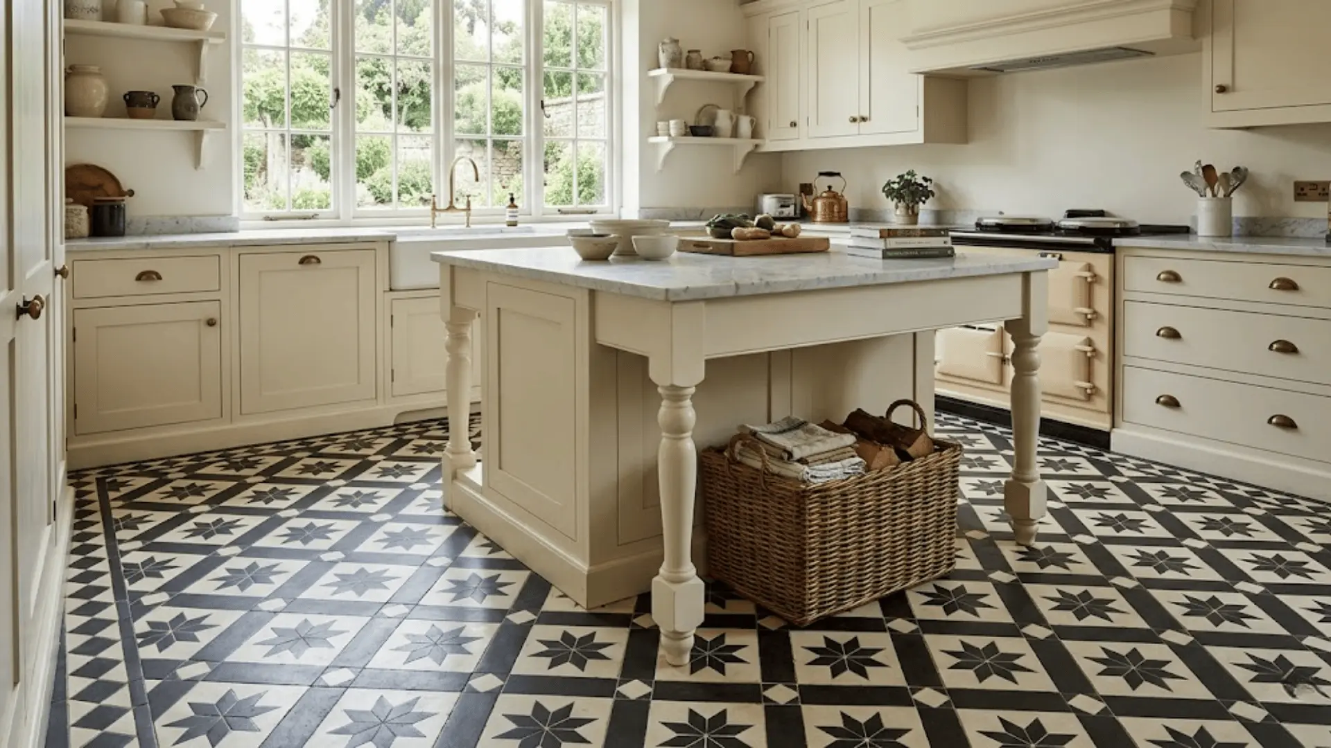 black and white encaustic cement geometric tile floor in a traditional kitchen with cream cabinetry