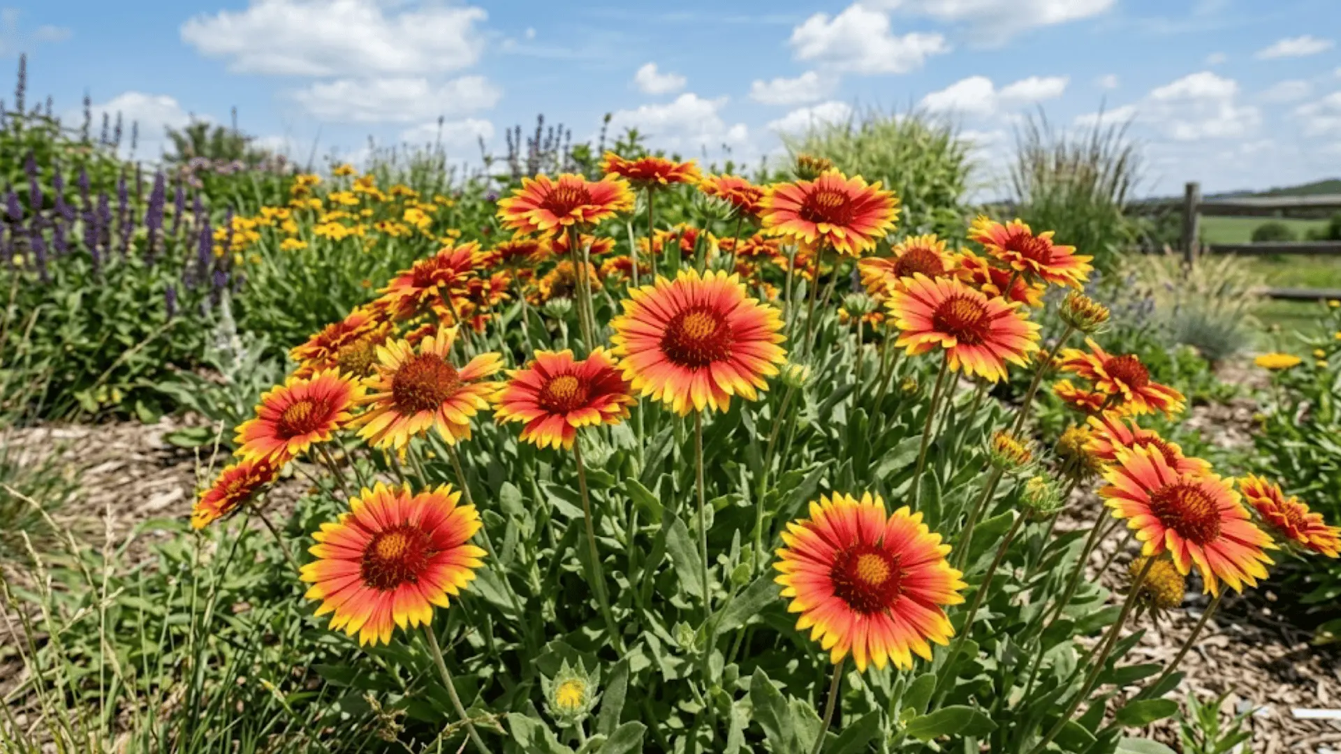 bold red and yellow blanket flowers with domed centers blooming in a bright sunny garden or meadow