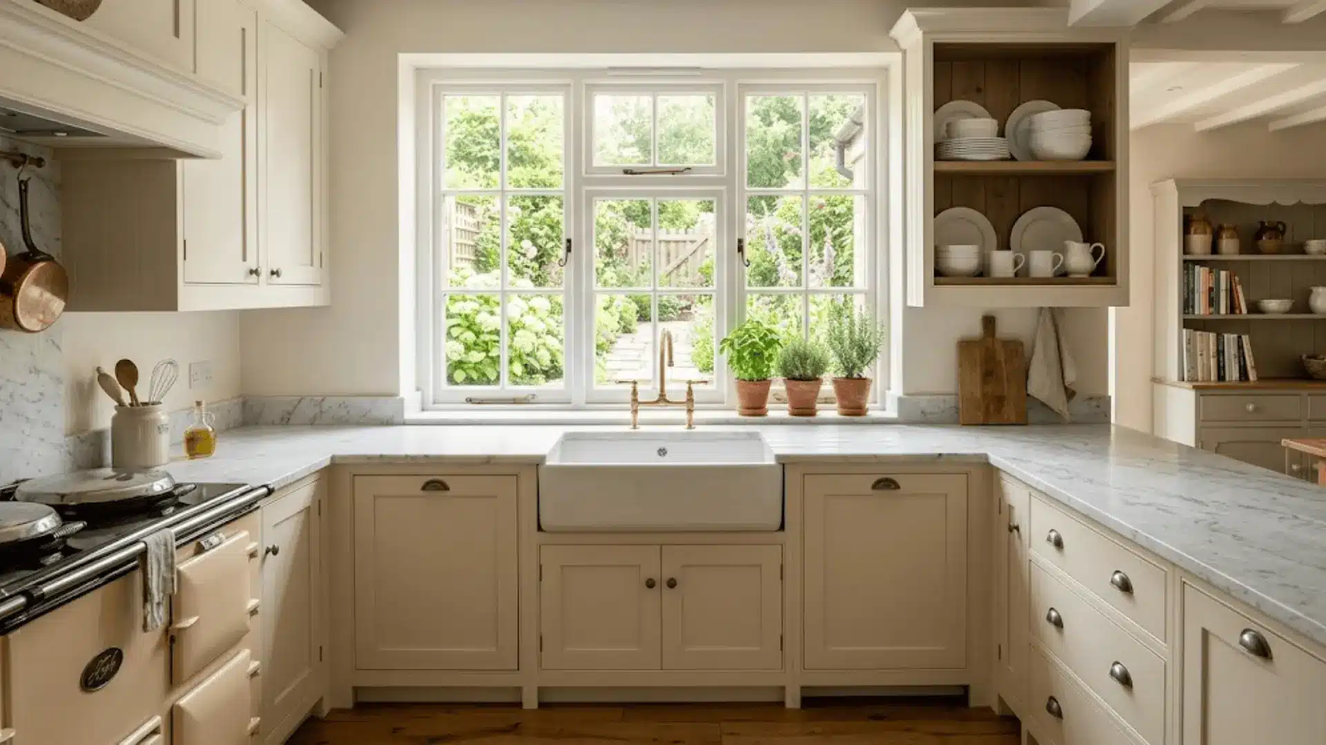bright cream traditional kitchen with marble countertops and farmhouse sink in natural daylight