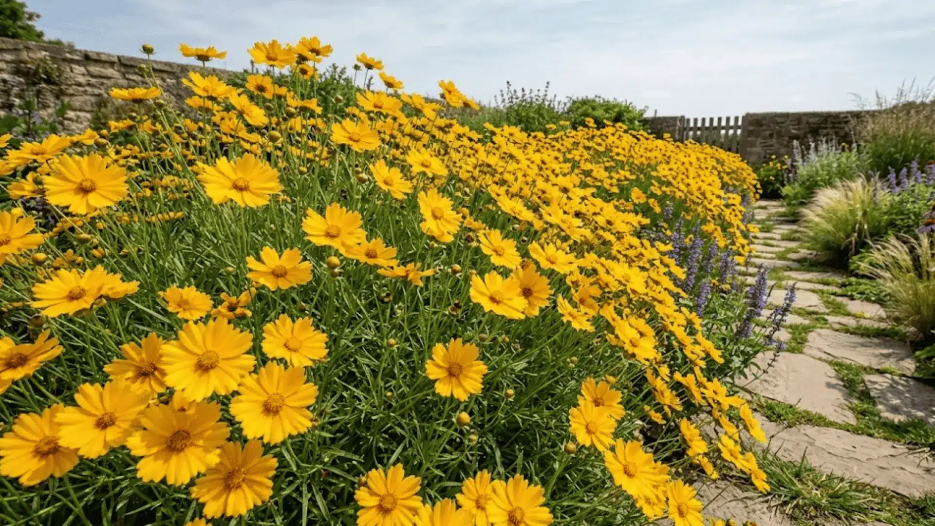 bright golden coreopsis daisy-like flowers blooming in a sunny garden border with feathery foliage