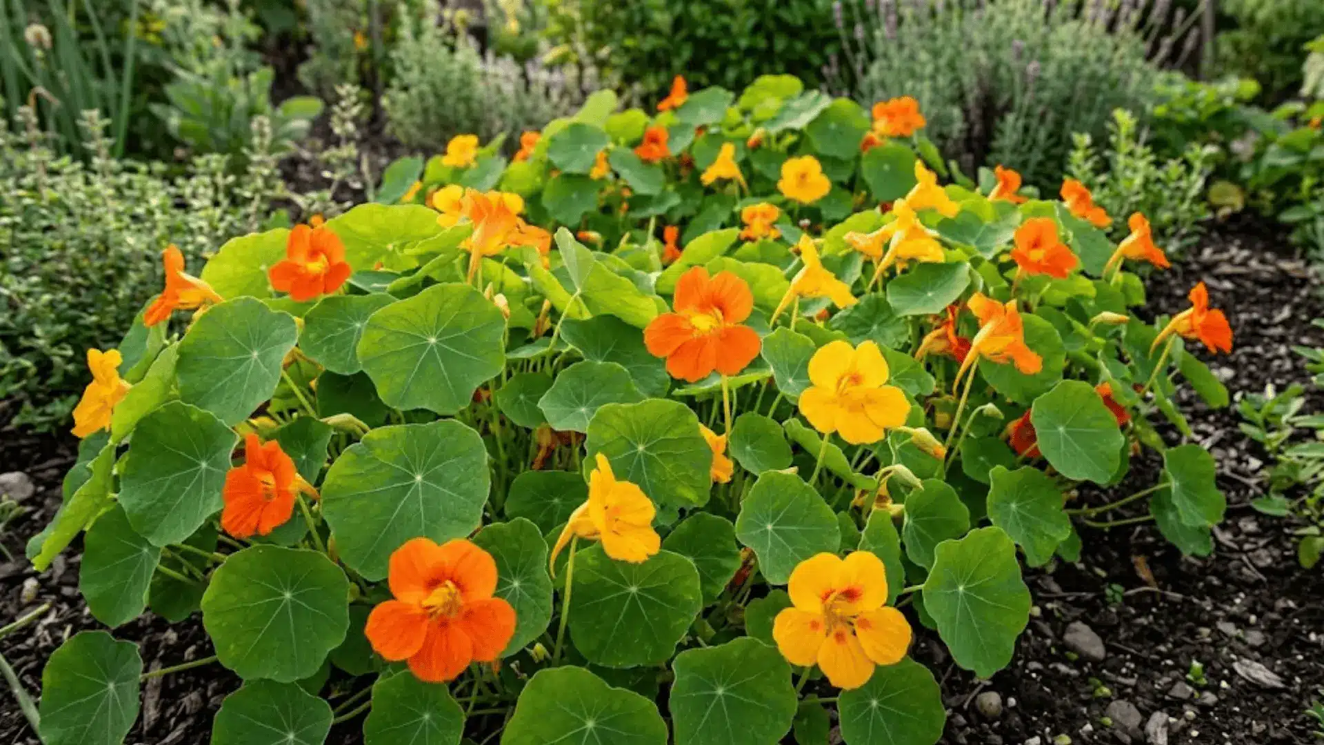 bright orange and yellow nasturtiums growing among large round green leaves in a garden bed