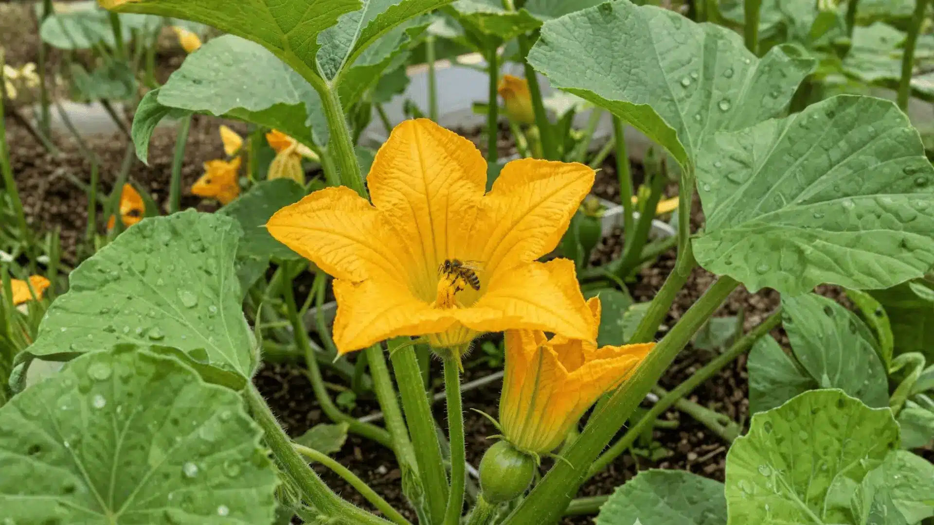bright yellow pumpkin flower with pollen-covered honeybee on vine in natural sunlight
