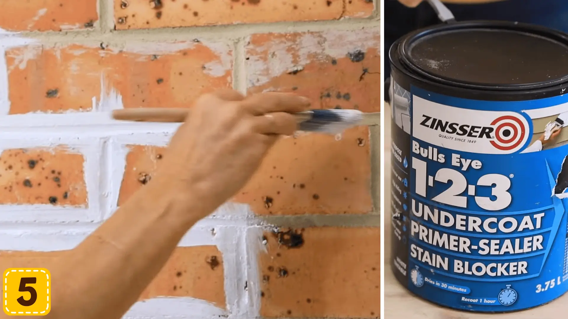 brushing primer sealer onto brick mortar lines with a can of 3-in-1 undercoat primer sealer beside it