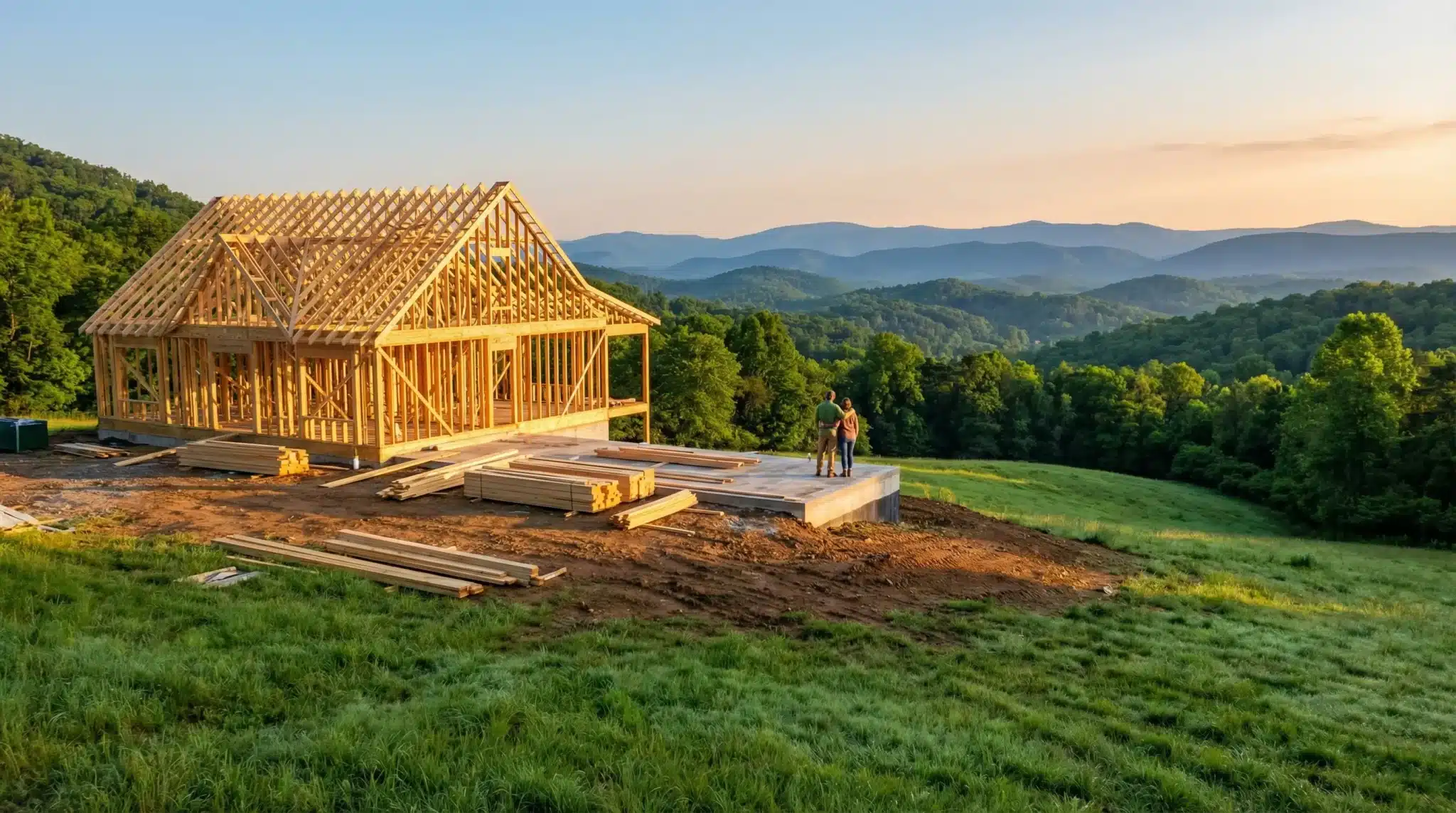 Wooden house frame under construction in rural landscape with couple standing on foundation