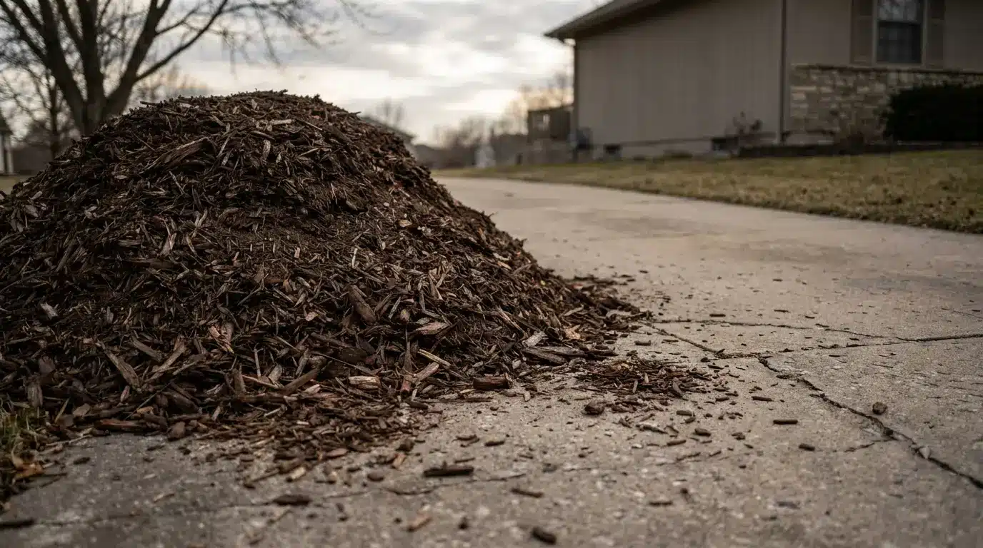 Pile of wood mulch on cracked concrete driveway in suburban neighborhood, overcast sky in background