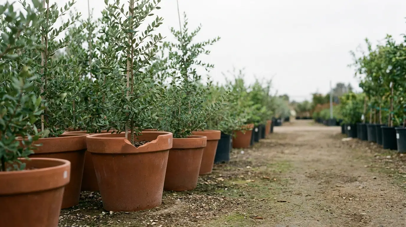 Rows of potted olive trees on gravel path in outdoor nursery setting