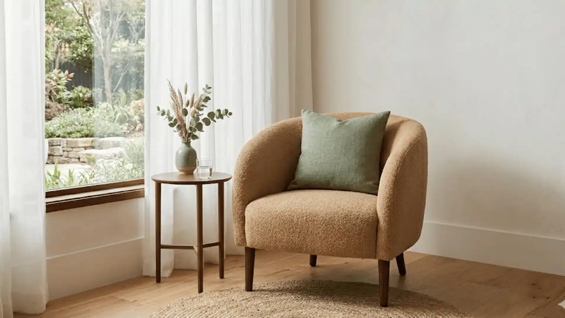 camel boucle accent chair with a single sage green 18x18 linen throw pillow near a window