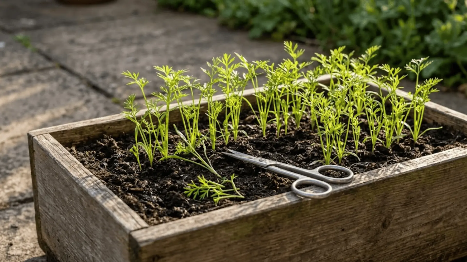 carrot seedlings being thinned with small scissors in a weathered wooden planter box on a sunlit garden patio