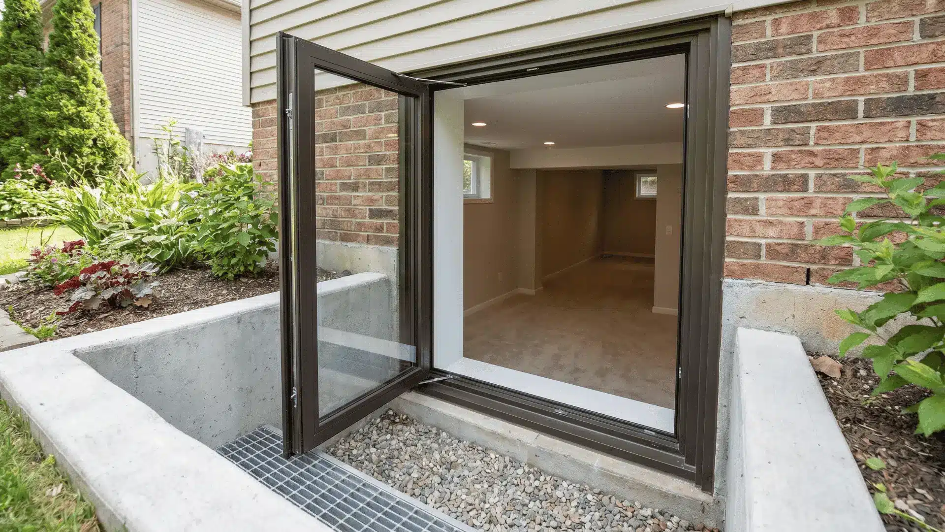 Open basement egress window leading to finished interior with brick exterior and garden plants