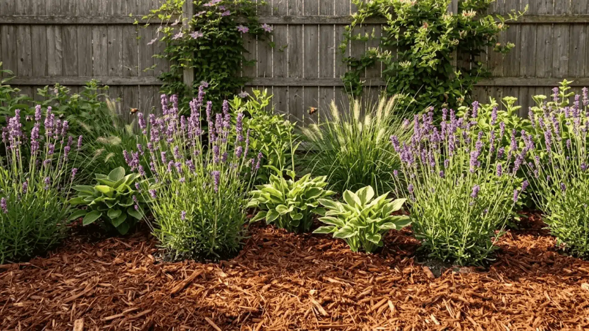 cedar mulch along a garden border with lavender, ornamental grasses, and hostas near a weathered wooden fence