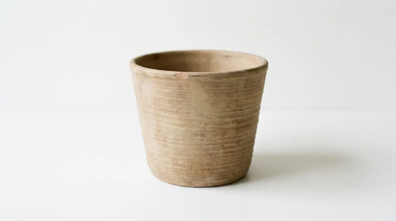 Simple beige clay pot on a plain white background
