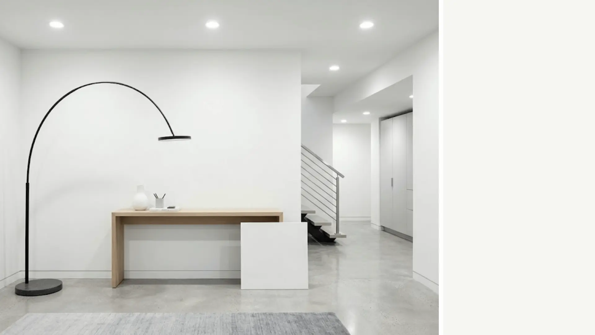 chantilly lace oc-65 crisp near-pure white basement studio with porcelain tile swatch