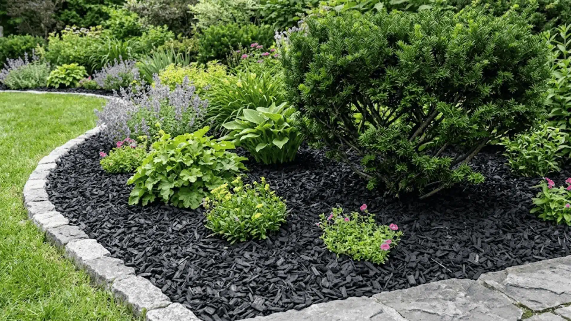 charcoal rubber mulch spread around ornamental shrubs in a neatly edged garden bed