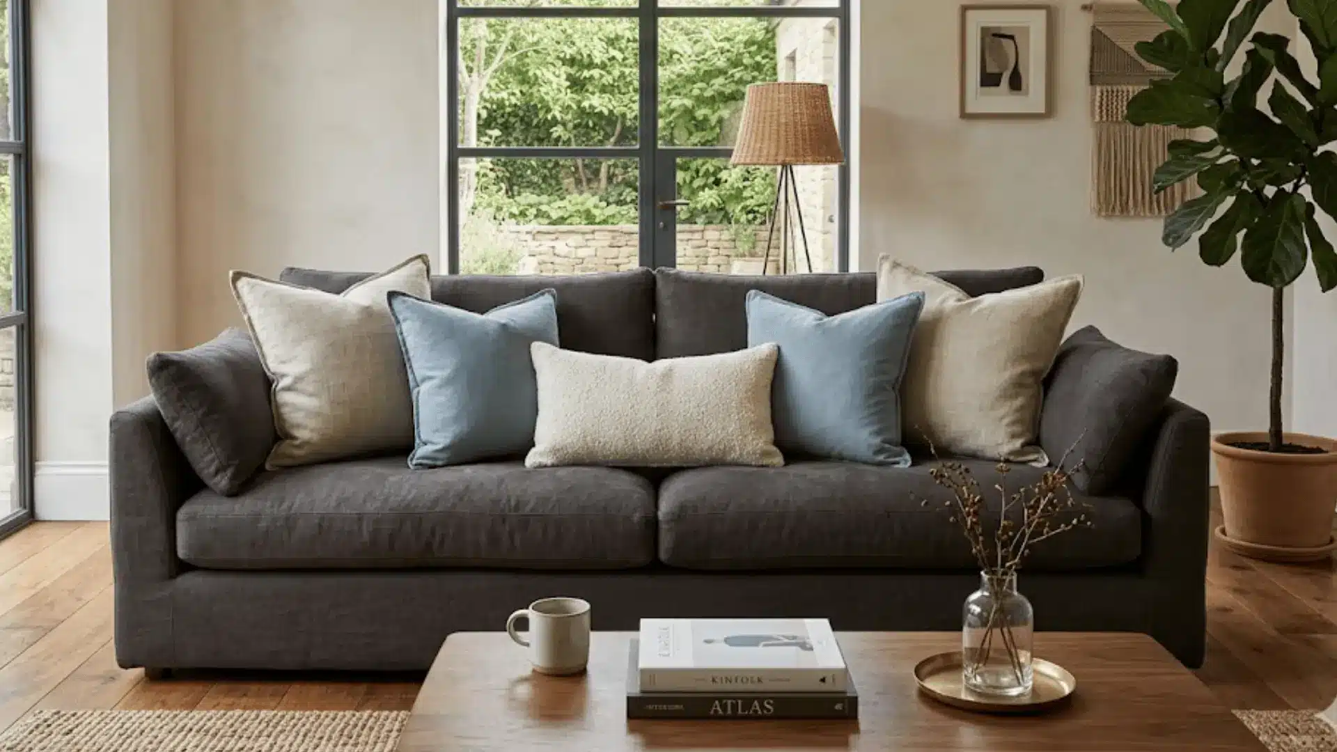 charcoal sofa with five layered pillows in oatmeal, dusty blue, and cream textures