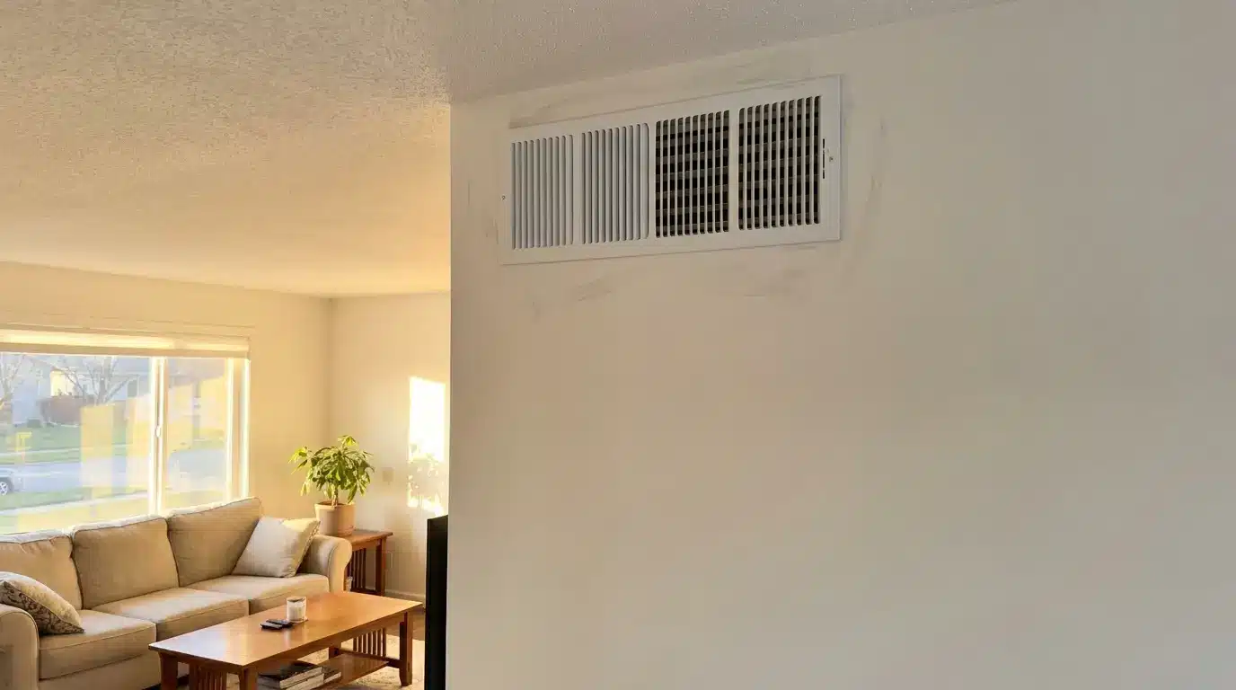 Heating vent on white wall in sunlit living room with beige sofa and wooden coffee table