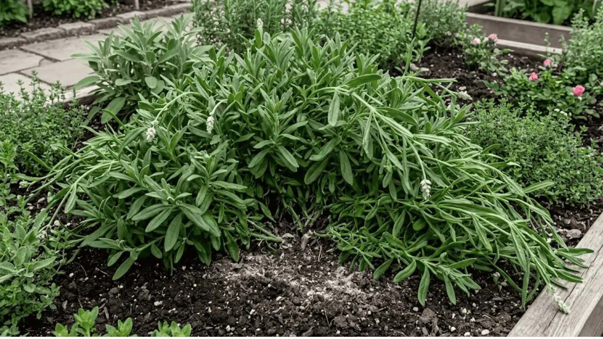 close-up of overfertilized lavender with pop-out details showing floppy stems, lush leaves, salt crust, and missing blooms