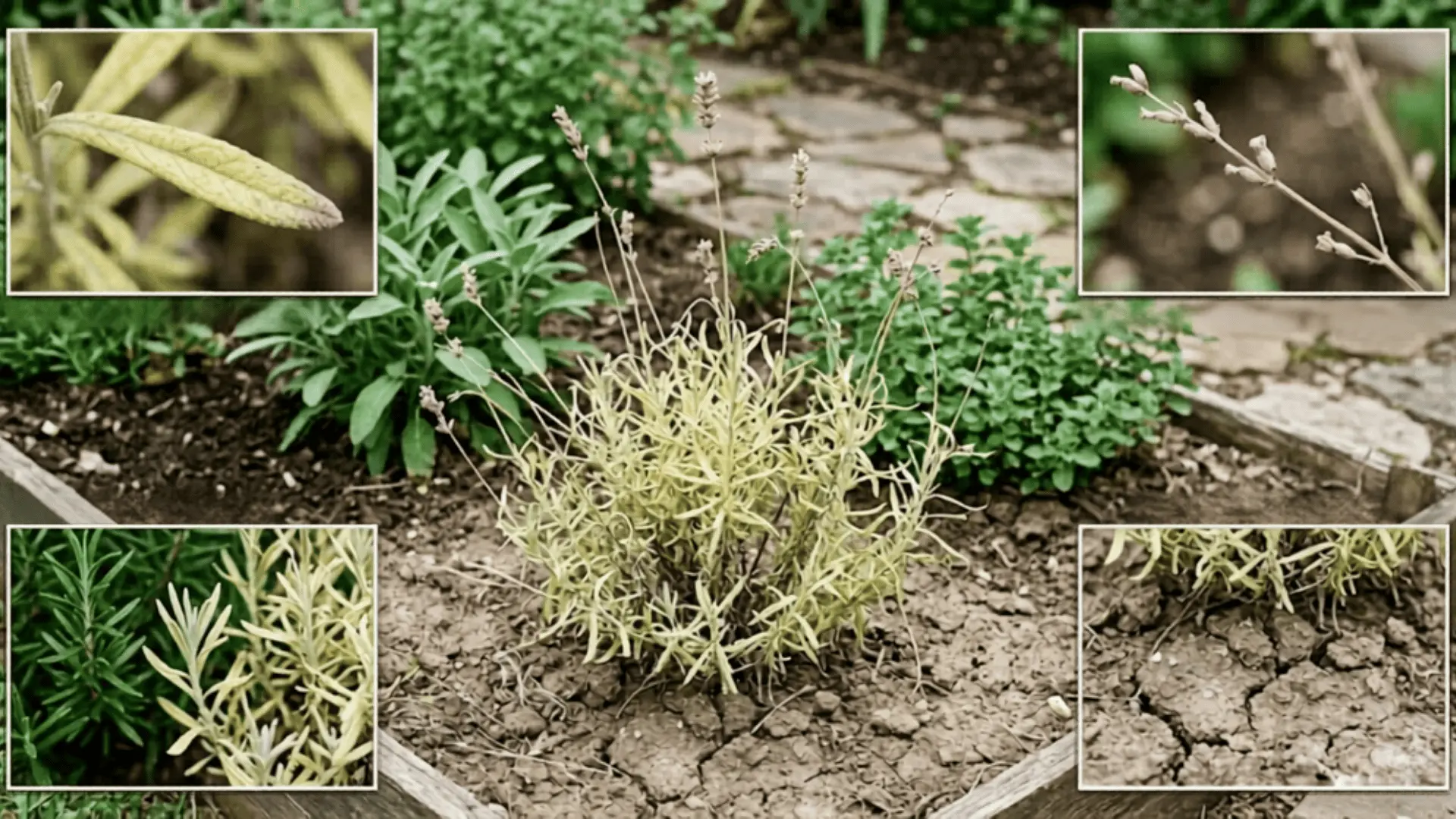 close-up of underfed lavender with pop-out details showing pale leaves, bare stems, dull foliage, and depleted soil