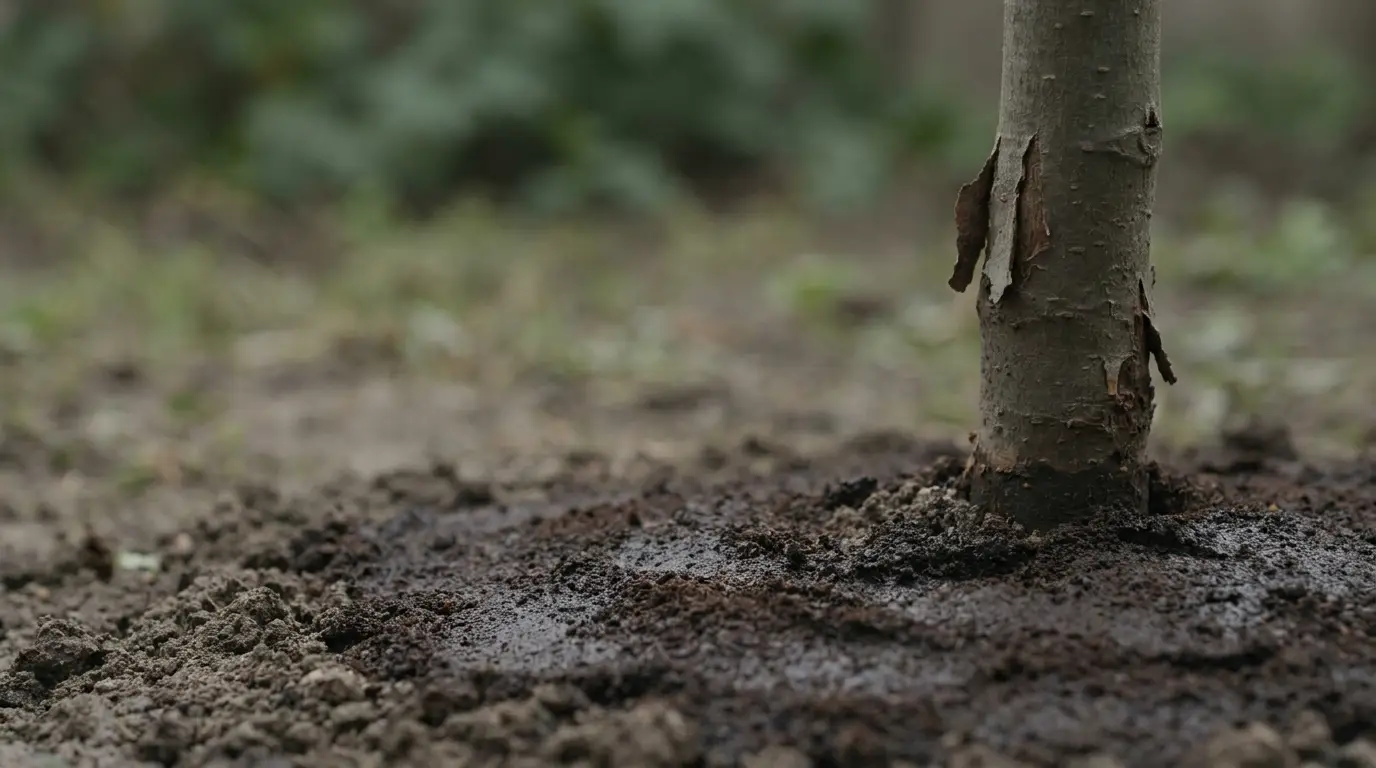 Wet soil surrounding the base of a young tree trunk outdoors in a garden setting