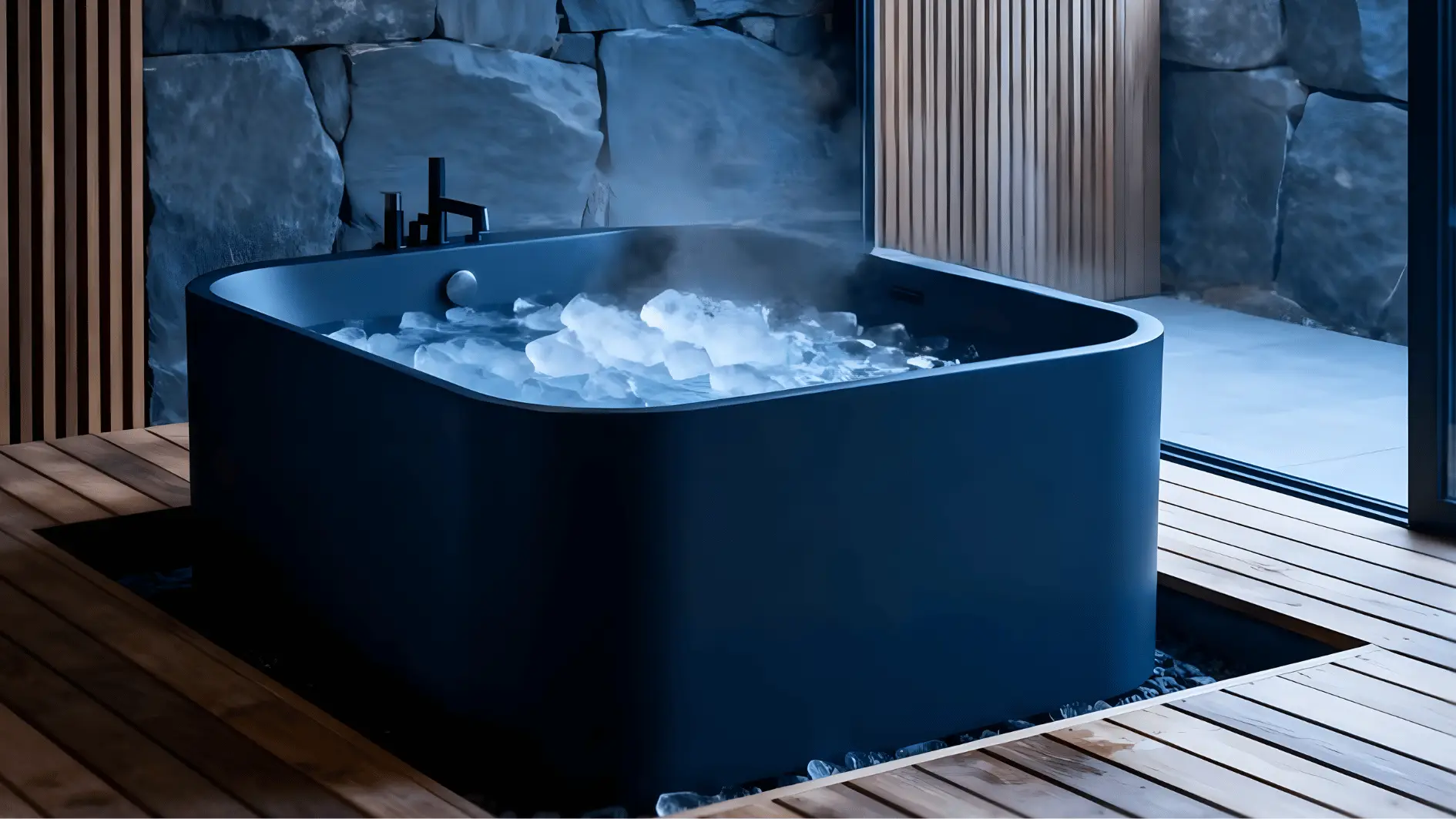 Indoor ice bath filled with ice cubes in a modern wooden spa setting