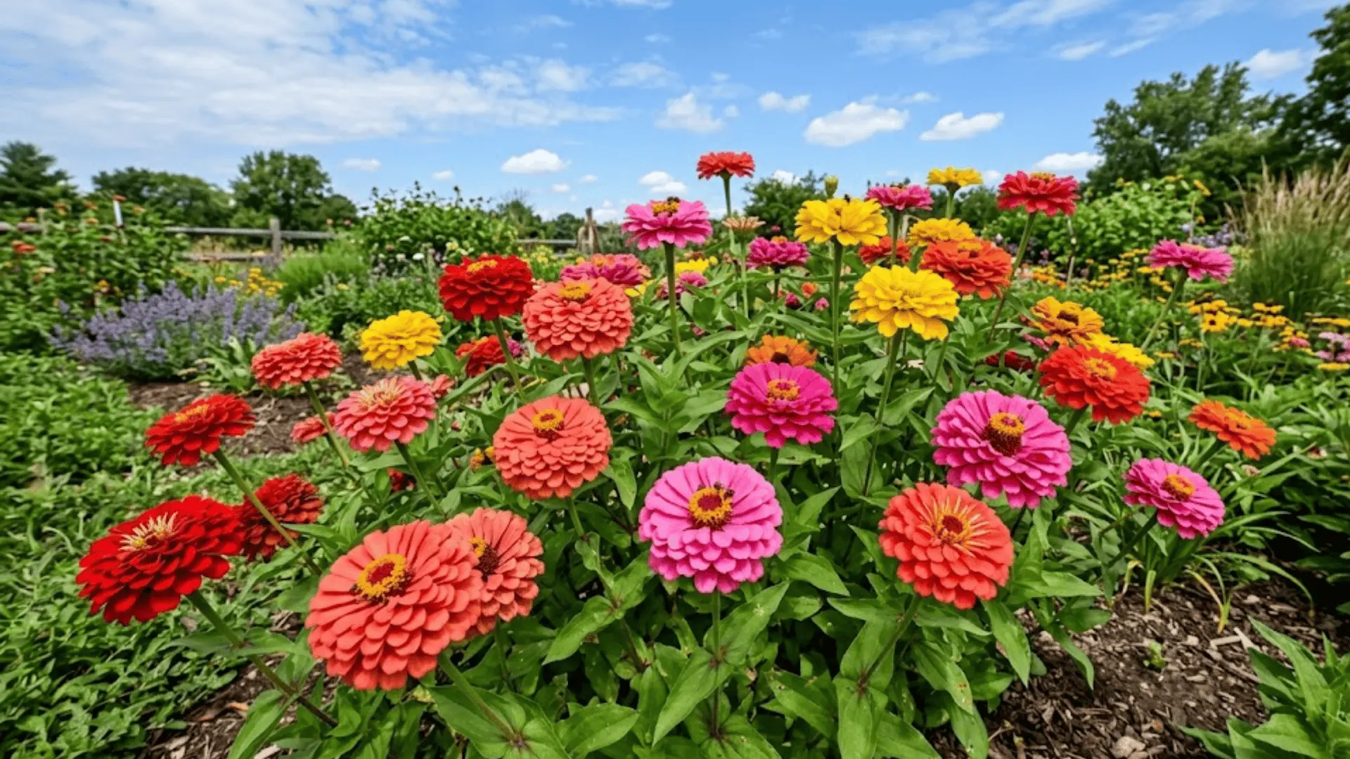 colorful zinnias in red coral pink and yellow blooming together in a bright sunny garden