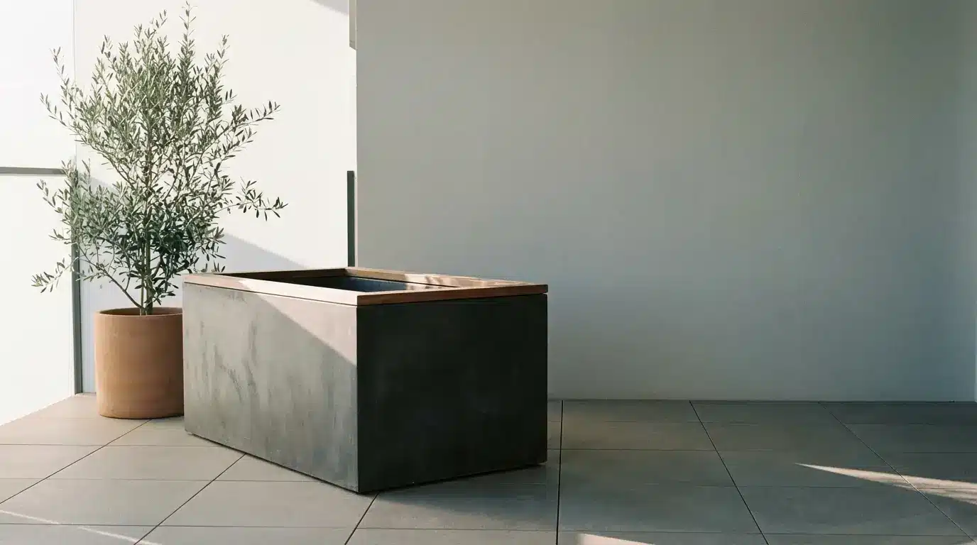 Modern concrete planter on tiled patio with potted olive tree in natural light