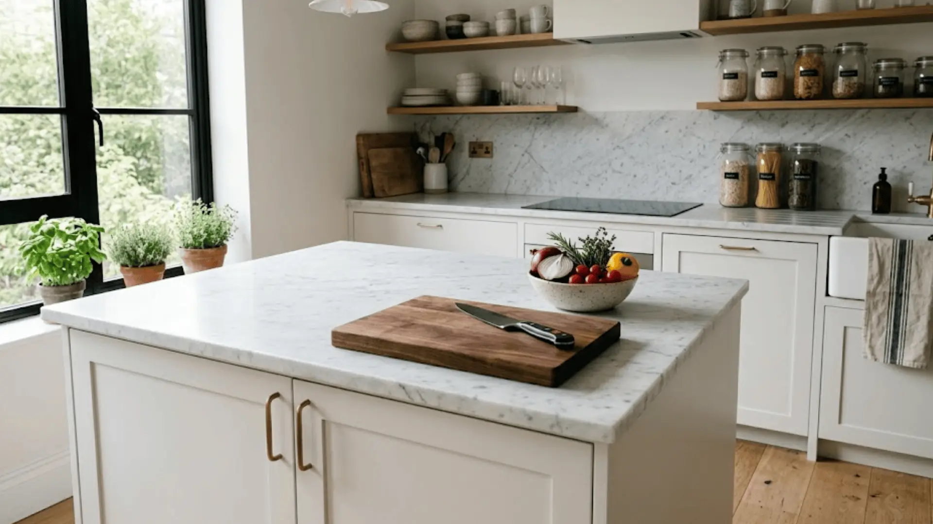 compact white marble prep-only kitchen island with cutting board and fresh vegetables in a bright kitchen