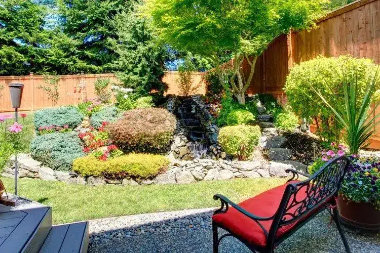Lush garden with diverse shrubs and water feature, red-cushioned bench in sunny backyard setting