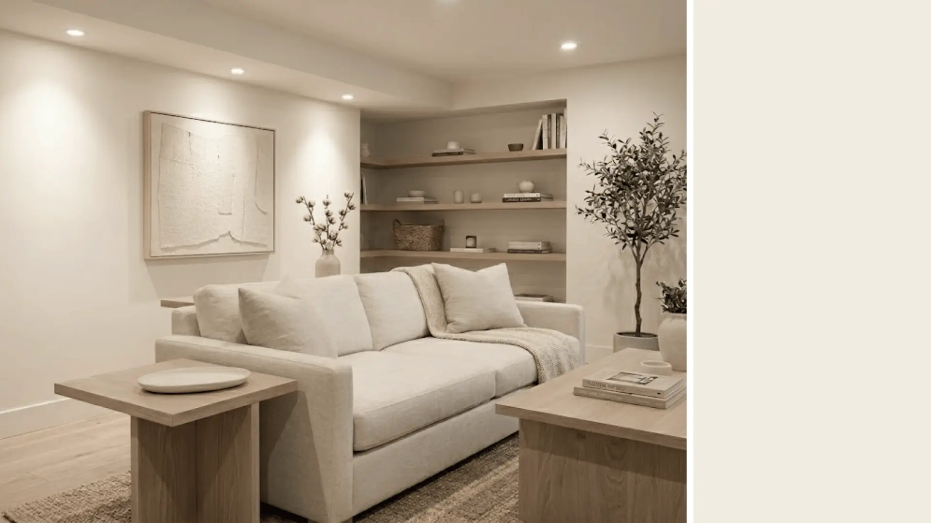 cream delight 7002-14 soft parchment white basement sitting room with ceramic dish swatch