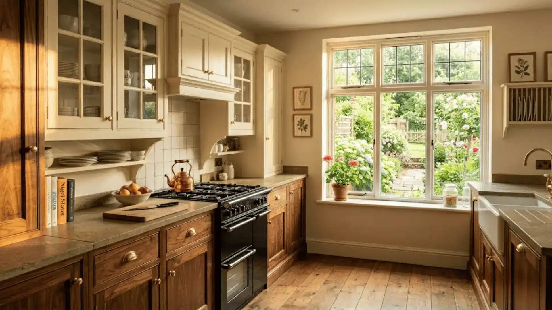 cream glass-front upper cabinets with white dishware display in a classic traditional kitchen