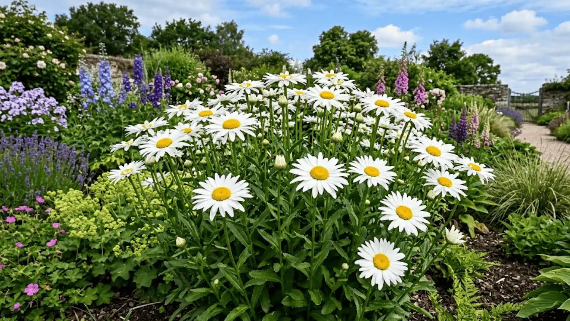 crisp white shasta daisies with bright yellow centers in full summer bloom in a lush green garden border